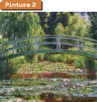 Pintura dois. Imagem de rio. Na superfície há muitas flores nas cores rosa e lilás. Também se destaca uma ponte, que possui forma de arco. Essa ponte conecta as margens, onde há muitas plantas.