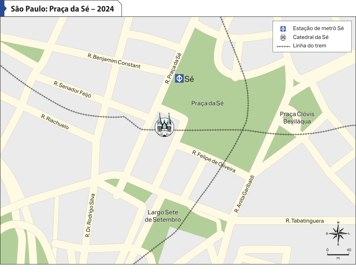 Mapa 'São Paulo: Praça da Sé - 2024'. Destaca-se a Catedral da Sé que se situa em frente à Praça da Sé. Por baixo dessa praça, passam as linhas do trem. Ao lado da praça da Sé, temos a 'Praça Clóvis Beviláqua'.