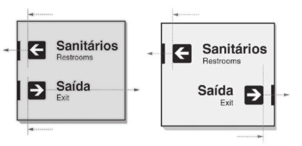 Imagem de duas placas diferentes indicando os sanitários e a saída.