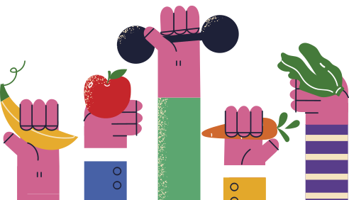 Imagem de pessoas segurando pesos para exercício, frutas e legumes.