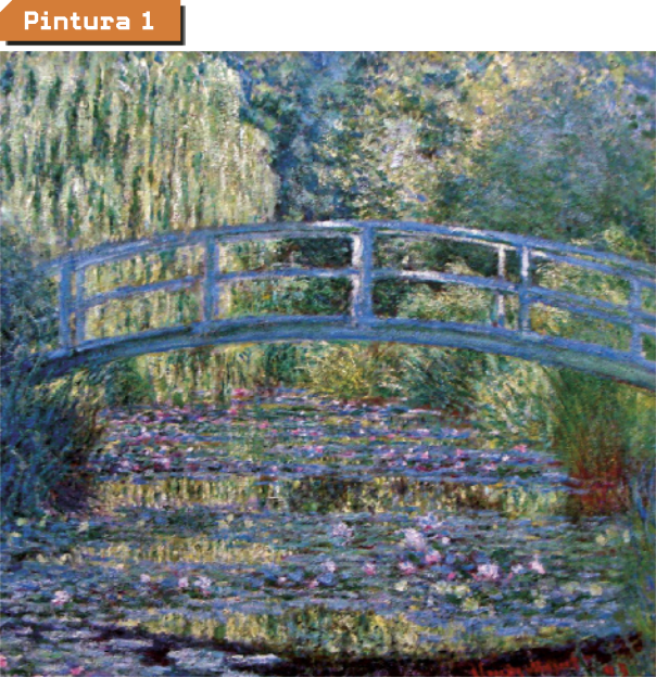 Pintura 1. Imagem de rio com muitas flores e folhas em sua superfície. Também se destaca uma ponte, que possui forma de arco. Essa ponte conecta as margens, onde há muitas plantas.
