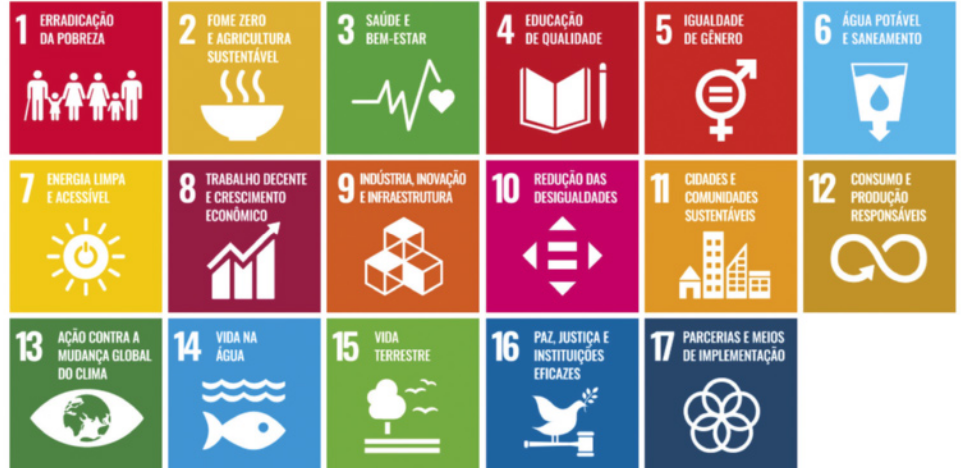 Imagem apresentando os seguintes objetivos:  Os objetivos são os seguintes: '1. Erradicação da pobreza. 2. Fome zero e agricultura sustentável. 3. Saúde e bem-estar. 4. Educação de qualidade. 5. Igualdade de gênero. 6. Água potável e saneamento. 7. Energia limpa e acessível. 8. Trabalho decente e crescimento econômico. 9. Indústria, inovação e infraestrutura.  10. Redução das desigualdades. 11. Cidades e comunidades sustentáveis. 12. Consumo e produção responsáveis. 13. Ação contra a mudança global do clima. 14. Vida na água. 15. Vida terrestre. 16. Paz, justiça e instituições eficazes. 17. Parcerias e meio de implementação'.