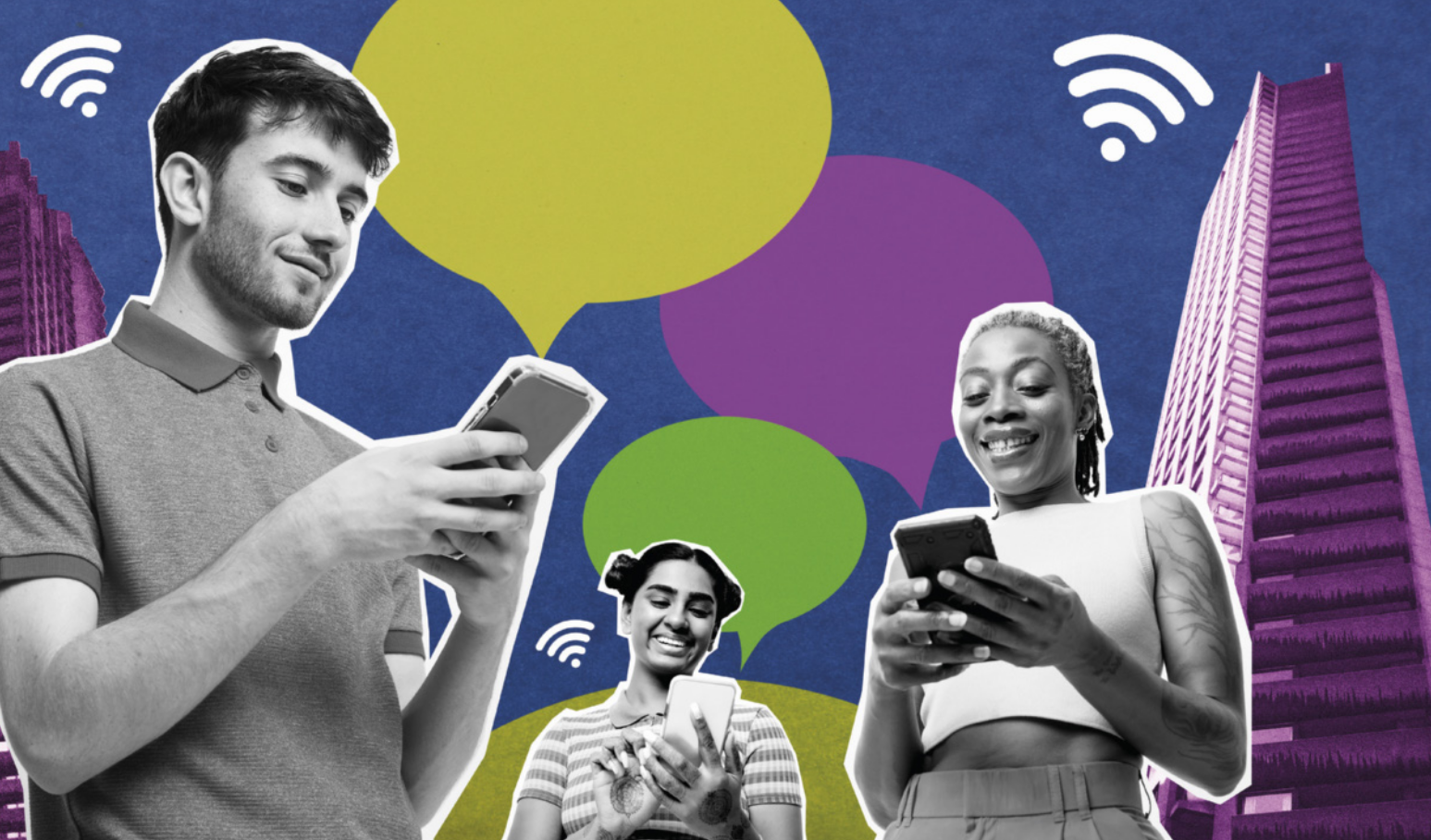 Foto de diferentes pessoas conectadas. Elas usam o celular.