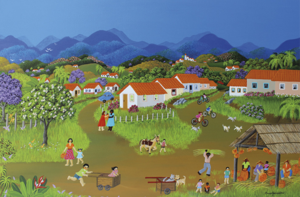 Imagem de localidades no campo, onde as pessoas realizam diferentes atividades.  Algumas produzem cestos, outras caminham, andam de bicicleta, passeiam com os filhos. Também se destacam crianças, que estão brincando.