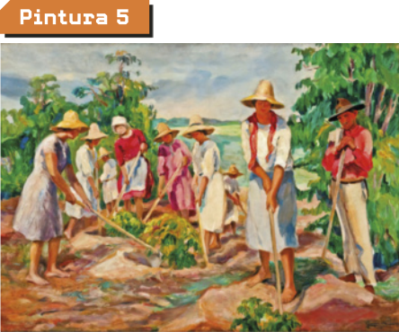 Pintura 5. Imagem de homens e mulheres trabalhando em uma plantação. Eles seguram enxadas e usam chapéus.